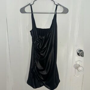 Black Ruched Satin Slip Dress